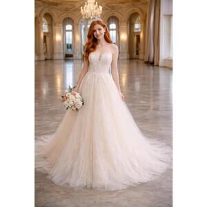 Ivory Lace A-Line Wedding Bridal Gown  Illusion Bodice & Keyhole Back Tulle sz 0